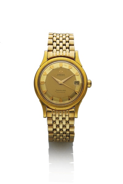 OMEGA REF. 2943 SEAMASTER.CALENDAR YELLOW GOLD.Omega, Seamaster, Calendar, Automatic, No. 16887933, Ref. 2943/54. Made circa 1960..Fine and rare, self-winding, center seconds, water-resistant, 18K yellow gold chronometer wristwatch with a gold-