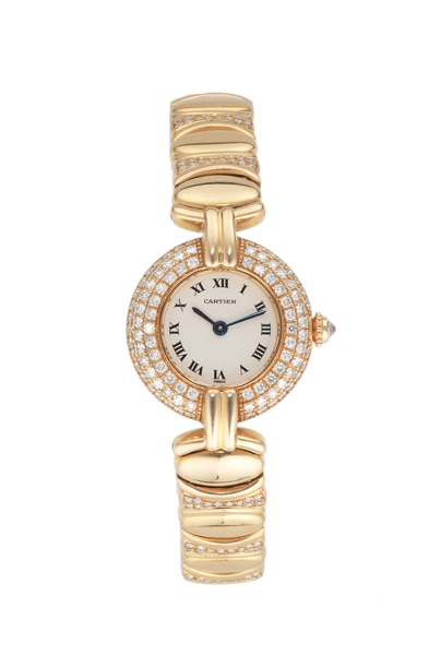 CARTIER REF. 0281 YELLOW GOLD DIAMOND.Cartier, case No. 8057922, Ref. 0281. Made in the 2000’s..Very fine, water-resistant, 18K yellow gold and diamond.lady’s quartz wristwatch with an 18K yellow gold Cartier.link bracelet with double deploya