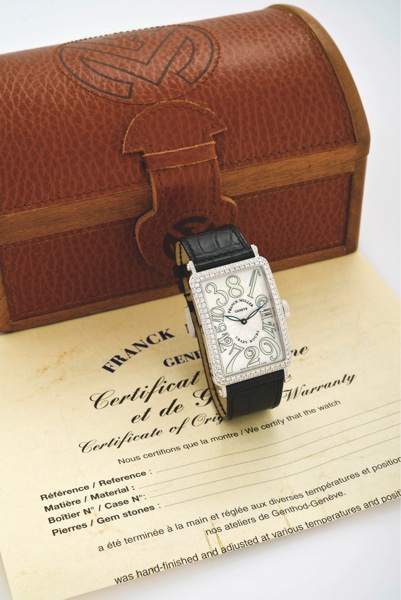 FRANCK MULLER WHITE GOLD DIAMOND.LONG ISLAND CRAZY HOURS.Franck Muller, Genève, Long Island - Crazy Hours, No. 117, Ref..1200 CH D. Made circa 2005..Very fine, large, rectangular curved, self-winding, waterresistant.18K white gold and diamond