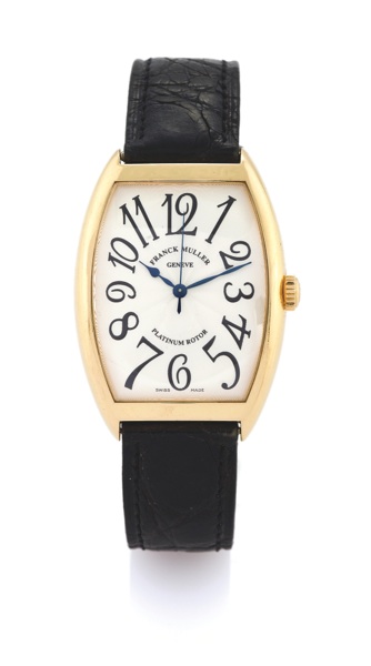 FRANCK MULLER YELLOW GOLD ‘PLATINUM ROTOR’.Franck Muller, Genève, Cintrée Curvex – Platinum Rotor, No. 176, Ref. 6850 SC. Made circa 2000..Fine, tonneau-shaped and curved, center seconds, self-winding, water-resistant, 18K yellow gold wristwatc