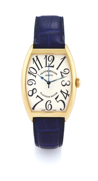 FRANCK MULLER YELLOW GOLD PLATINUM ROTOR.Franck Muller, Genève, Cintrée Curvex – Platinum Rotor, No. 91, Ref. 6850 SC. Made circa 2000..Fine, tonneau-shaped and curved, center seconds, self-winding, water-resistant, 18K yellow gold wristwatch w