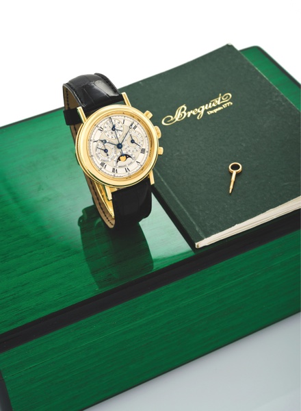 BREGUET PERPETUAL CALENDAR CHRONOGRAPH YELLOW GOLD.Breguet, Chronograph, Quantieme Perpetuel, movement No..1255, case No. 1348 F, Ref. 3617. Sold on July 8th, 1994..Very fine and rare, 18K yellow gold wristwatch with round.button chronograph, r