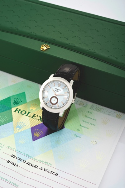 ROLEX CELLINI PLATINUM.Rolex, Cellini, case No.K687568, Ref. 5241. Made in 2000..Fine and rare, self-winding, platinum wristwatch with a platinum Rolex buckle. Accompanied by fitted box and guarantee.