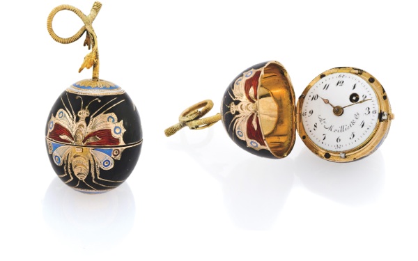 THE BLACK CHERRY.Ant.(oine) Moilliet Cie, Geneva, No.18204. Made circa 1800..Fine and rare, 18K gold and enamel cherry form watch with concealed dial.
