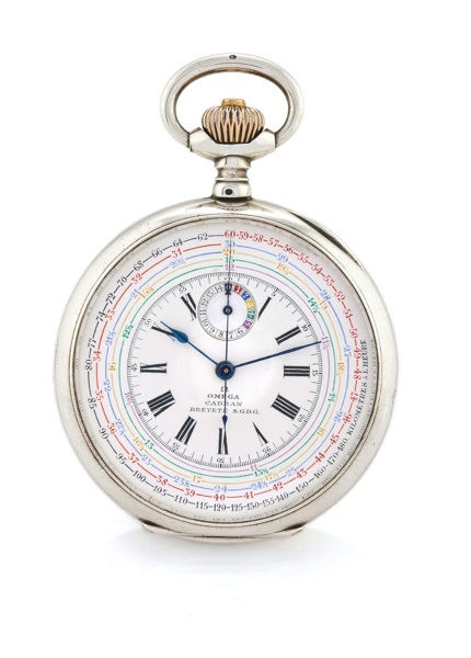 OMEGA CHRONOTACHYMETRE.Omega, Bienne, case No. 3586838, Ref. CH 543.19. Made circa 1903..Fine and rare, silver keyless pocket watch with chronograph, 15-minute register and Omega’s patetented (CH) tachometer scale No. 8760.