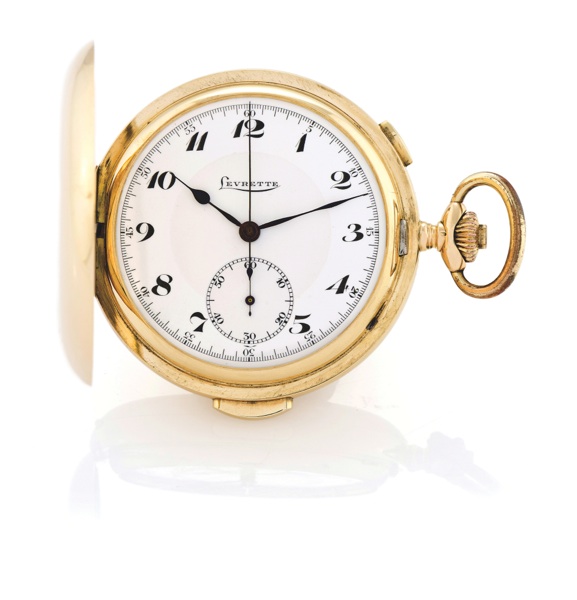 QUARTER REPEATER CHRONOGRAPH.PINK GOLD.Levrette Watch Co., ‘Répétition’, No. 209260. Made circa.1910..Fine, large, hunting-cased, keyless, quarter-repeating.14K gold pocket watch with chronograph.