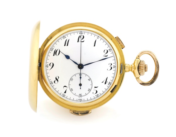 MINUTE REPEATER CHRONOGRAPH.YELLOW GOLD.Attributed to Levrette Watch Co., La Chaux de Fonds, ‘Répétition’, No. 35995. Made circa 1900..Fine, large, hunting-cased, keyless, minute-repeating, 18K gold pocket watch with chronograph.