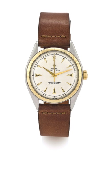 ROLEX BIG BUBBLE.Rolex, Oyster Perpetual, Officially Certified Chronometer, case No. illegible, Ref. 5029. Made circa 1949..Fine and rare, large, center-seconds, self-winding, water resistant stainless steel chronometer wristwatch