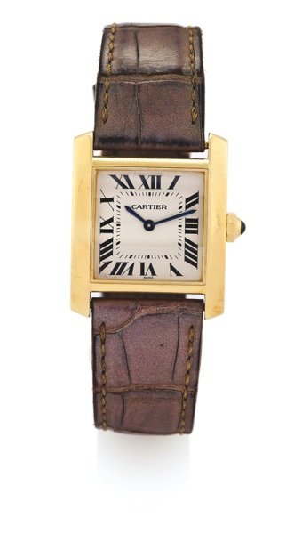 TANK FRANÇAISE YELLOW GOLD QUARTZ.Cartier, Tank Française, case No. MG263303, Ref. 1821. Made in the 1990’s..Fine, square curved, water resistant, 18K yellow gold quartz wristwatch with an 18K yellow gold Cartier buckle.