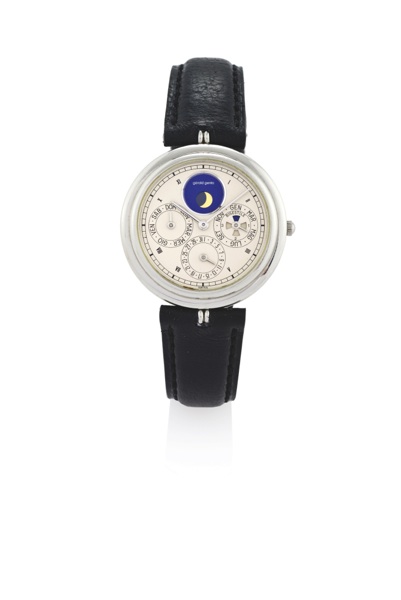GERALD GENTA AUTOMATIC PERPETUAL STEEL.Gérald Genta, Perpetual Calendar, Automatic, case No.42671, Ref. G2132.7. Made in the 1990’s..Very fine, self-winding, stainless steel wristwatch with perpetual calendar, moon phases and a stainless steel 