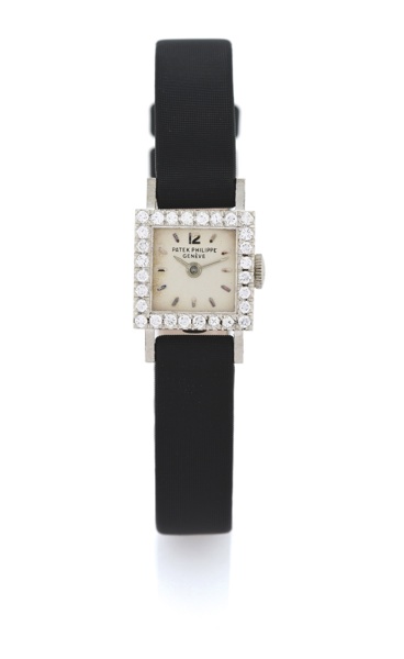 PATEK PHILIPPE REF. 3293 - PLATINUM DIAMONDS.Patek Philippe, Genève, movement No. 982300, case No..2617806, Ref. 3293/2. Made circa 1960..Fine and elegant, square, platinum and diamond-set lady’s.wristwatch.