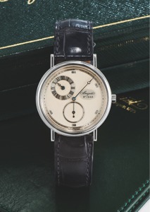 BREGUET REF. 3690 LIMITED EDITION PLATINUM. Breguet, No. 57/75, No. 10159, case No. 1948H, Ref. 3690.. Made in a limited series of 75 pieces in 1996.. Very fine and rare, platinum wristwatch with “regulator dial”. and a platinum Breguet buckle. Accompanie