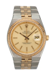 ROLEX, REF. 1630, DATEJUST, STEEL GOLD. Rolex, “Oyster Perpetual, Datejust, Superlative. Chronometer Officially Certified,” case No. 4155046. Ref. 1630. Made circa 1974.. Fine, tonneau-shaped, center seconds, self-winding. water-resistant, stainless ste