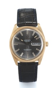 OMEGA CONSTELLATION YELLOW GOLD. Omega, “Constellation, Automatic, Chronometer. Officially Certified”, movement No. 31947626, Ref.. 168029. Made circa 1970.. Fine, tonneau-shaped, water-resistant, self-winding. center seconds, 18K yellow gold chronometer 