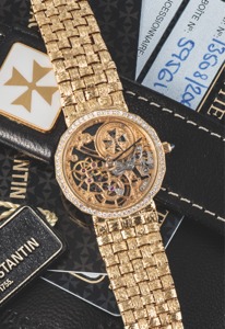 VACHERON CONSTANTIN REF. 13508/206 LADY’S. SKELETONIZED DIAMOND AND YELLOW GOLD. Vacheron Constantin, Genève, movement No. 747043, case. No. 595611, Ref 13508. Made in the 1990s.. Very fine, thin, skeletonized, self-winding, 18K yellow. gold and diamond l