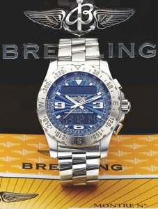 BREITLING REF. A 78363 AIRWOLF STEEL. Breitling, Genève, AirWolf Aerospace, Certified Chronometer. No. 914341, Ref. A 78363. Made circa 1998. Fine, two time. zone, stainless steel quartz wristwatch with 3 time zones. slide rule, square button chronograph 