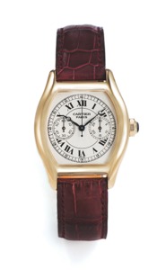 CARTIER REF 2356 TORTUE CHRONOGRAPH YELLOW GOLD. Cartier, “Tortue Chronographe”, No. 0655 CC, Ref. 2356. Sold. on July 25th, 2000.. Very fine, tonneau-shaped, water resistant, 18K yellow gold. wristwatch with single button chronograph, register and an. 18