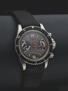 TUDOR REF. 7169 CHRONOGRAPH. Tudor, “Oyster-Date Chronograph,” case No. 763515, Ref.. 7031/0, case made by Rolex, Geneva. Made in 1970.. Fine and rare, water-resistant, stainless steel wristwatch. with date, round-button chronograph, register and. tachome