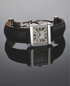 CARTIER REF. 2685 PLATINUM DIAMONDS TANK CHINOISE. Cartier, Paris, Tank Chinoise - Mecanique, case No. 19414CE, Ref. 2685.. Made circa 2006.. Very fine, rare and elegant, square, water-resistant, platinum and. diamonds wristwatch with an 18K white gold 