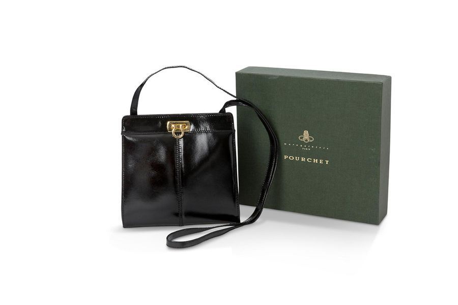 POURCHET,Sac vintage noir en cuir vernis,...