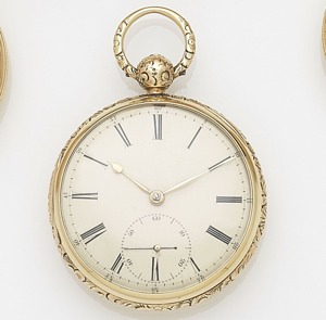Case and Movement No.13137, Circa 1830 Jewelled gilt 3/4 plate English lever movement, steel 3-arm balance, engraved balance cock, diamond end stone, cream Willis dial with black Roman numerals, black outer minute divisions with Arabic five minute markers