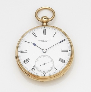 London Hallmark for 1880 Gilt 3/4 plate English lever movement, cut and compensated bi-metallic balance, diamond end stone, white enamel dial with black Roman numerals, black outer minute track with five minute markers, blued steel spade hands, subsidiary