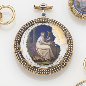 Case and Movement No.6104, Circa 1800 Gilt full plate cylinder movement, pierced and engraved balance bridge, silver regulation, white enamel dial with black Roman numerals, black outer minute divisions with Arabic quarters, gilt moon hands, winding apert
