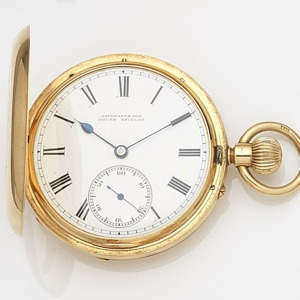 Case No.578, Movement No.125535, Birmingham Hallmark for 1897 Jewelled gilt 3/4 plate English lever movement, cut and compensated bi-metallic balance, white enamel dial with black Roman numerals, black outer minute track, blued steel spade hands, subsidia