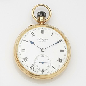 Case No.579, Movement No.1579, London Hallmark for 1867 Gilt 3/4 plate lever movement, cut and compensated bi-metallic balance, pale cream dial with black Roman numerals, black outer minute track with five minute markers, blued steel spade hands, subsidia