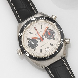 Chrono-matic, Ref:2114.3, Circa 1969 17-jewel Cal.112 manual wind movement, silvered dial with applied black baton hour markers, outer black 1/5th second divisions with luminous dot five minute markers, outer tachymetre scale, orange baton hands with lumi
