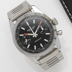 Sprint, Circa 1960 17-jewel Cal.7733 manual wind movement, black dial with applied white baton hour markers, white outer 1/5th second divisions with luminous dot five minute markers, white pointed baton hands with luminous inserts and red tips, white chro