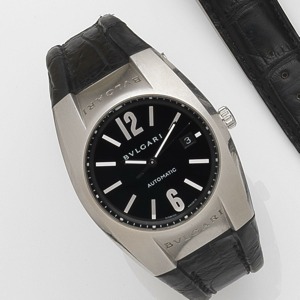 Ergon, Ref:EG 40 S, Case No.D5382, Sold 6th October 2004 Jewelled automatic movement, black dial with applied polished baton hour markers and Arabic 6 and 12, raised white outer minute divisions with five minute markers, polished pointed baton hands with 