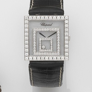 Happy Spirit, Ref:742 1, Case No.565647, Recent 6-jewel ETA Cal.976.001 quartz movement, mother of pearl dial, polished sword hands, brushed and polished square case with back secured by 4 screws, diamond set bezel, dual diamond set free floating squares 
