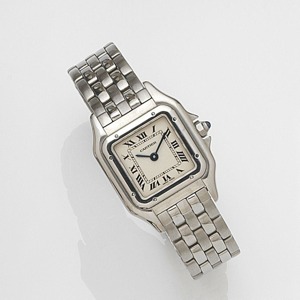 Panthere, Ref:1120, Case No.C98767, Circa 1990 4-jewel Cal.057 quartz movement, silvered dial with black Roman numerals, black inner minute track with five minute markers, secret signature at 10, blued steel pointed baton hands, brushed and polished recta