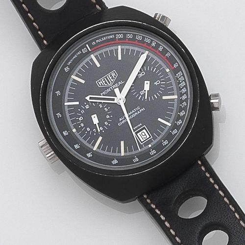 Heuer. A black PVD coated automatic calendar chronograph wristwatch