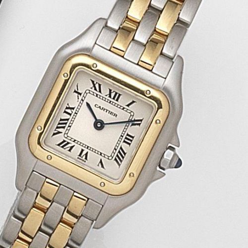 Cartier. A lady's stainless steel and gold quartz bracelet watch