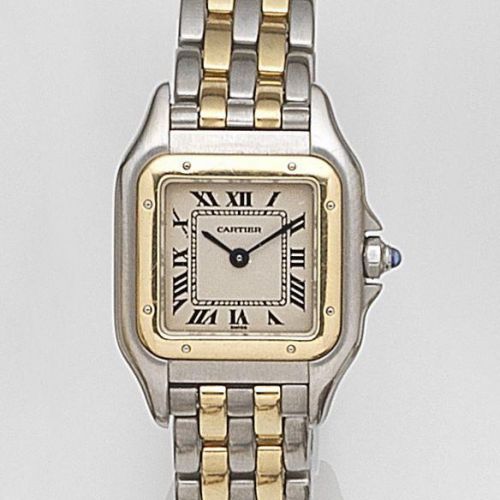 Cartier. A lady's stainless steel and gold quartz bracelet watch