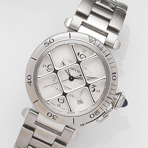 Cartier. A stainless steel automatic calendar bracelet watch