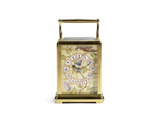 A late 19th century French porcelain mounted Chinese market miniature carriage timepiece