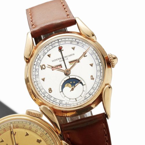 Vacheron Constantin. A fine and rare 18ct gold manual wind wristwatch with phases of the moon, calendar, day and date indication and together with a Certificate of Authenticity