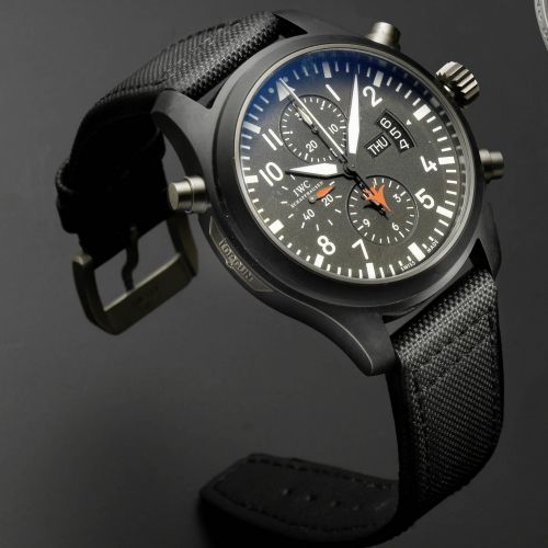 IWC. A black PVD coated stainless steel automatic calendar chronograph wristwatch with split seconds