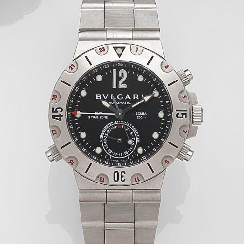 Bulgari. A stainless steel automatic calendar bracelet watch with dual time zones