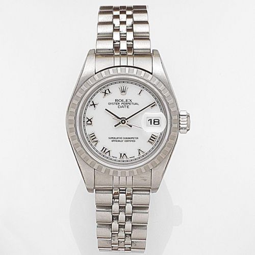 Rolex. A lady's stainless steel automatic calendar bracelet watch