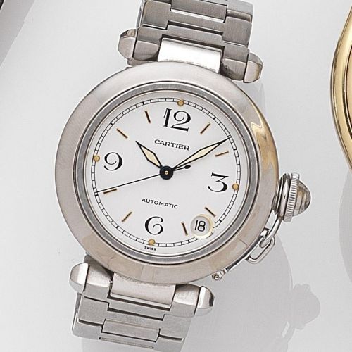 Cartier. A stainless steel automatic calendar bracelet watch