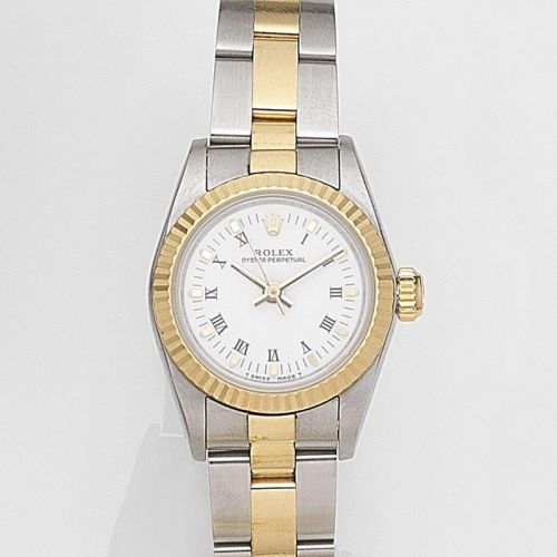 Rolex. A lady's stainless steel and gold automatic bracelet watch