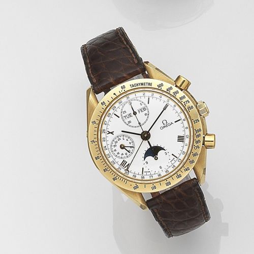 Omega. An 18ct gold automatic calendar chronograph wristwatch with moonphase