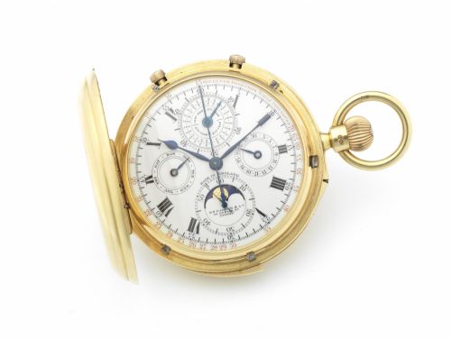 Nicole Nielson Co. A very fine and very rare 18ct gold perpetual calendar 'split seconds' full hunter minute repeating chronograph pocket watch with moonphase