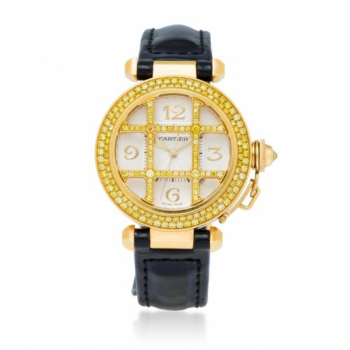 Cartier. A fine 18K gold lady's automatic center seconds wristwatch with diamond grille