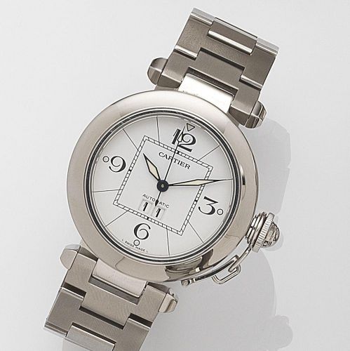 Cartier. A stainless steel automatic calendar bracelet watch