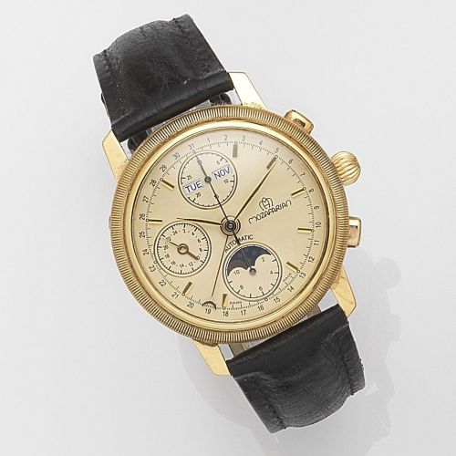Mozafarian. An 18ct gold automatic triple calendar chronograph wristwatch with moonphase